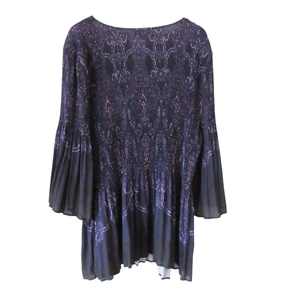 Catherines Affinity Chain Pleated Blouse 4X Purple Paisley Bell Sleeve Ribbed - Picture 2 of 12